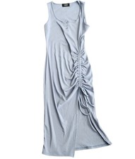 Cider Rib Button Drawstring Midi Knit Dress Women's L Blue Bodycon Fairy Cozy