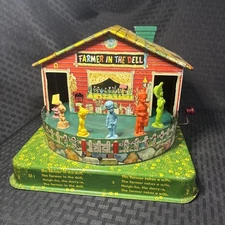 Vintage Mattel Farmer in the Dell Toy Tin Wind-Up Music Box 1950s, PLAYS MUSIC