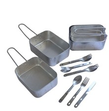 4 X British Army Aluminium Mess Tin, Cooking, camping Pans + 4x FKS Cutlery Sets