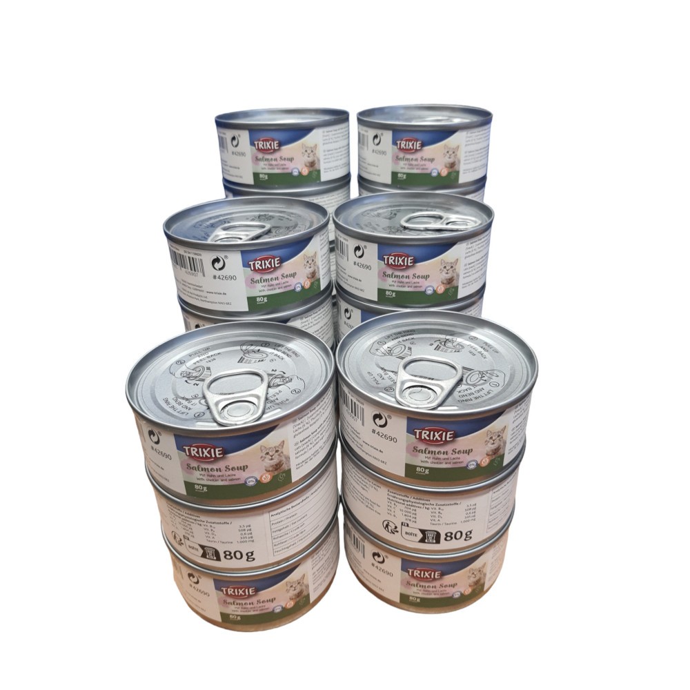 Soupe au poulet et au saumon pour chat stimuler l'appétit des chats difficiles 24x80g