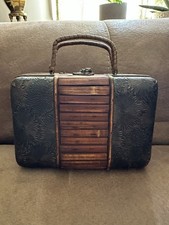 Vintage Bamboo Floral Embossed Leather Purse Bag Boho Asian Suitcase Style