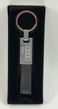 Genuine Audi Leather Metal Keychain Premium Chrome Key Fob Ring