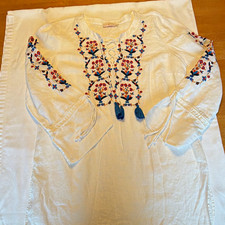 Tory Burch Women’s Embroidered Floral Linen Tunic Blouse/Coverup, V-Neck 3/4 Tie