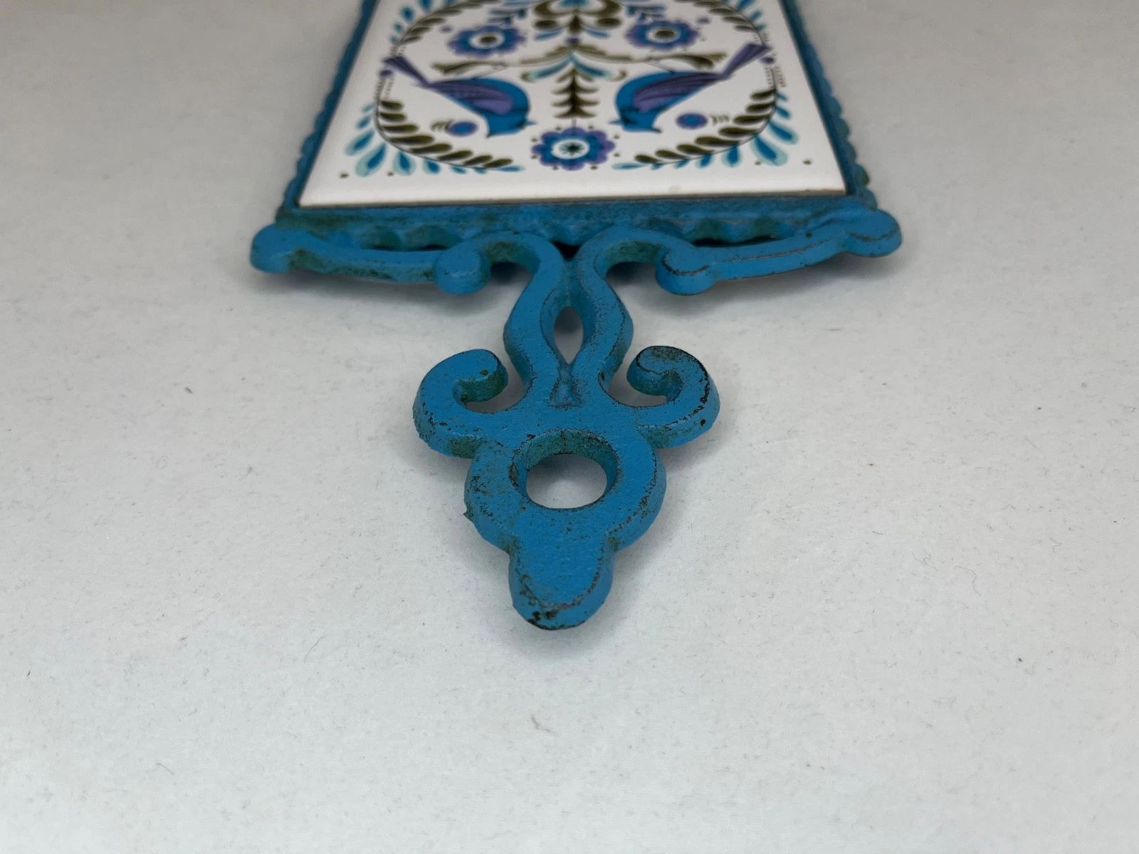 Vintage Cherry Japan Ceramic Tile Cast Iron Trivet Bluebird Folk Art MCM 1970s - product detail image 3