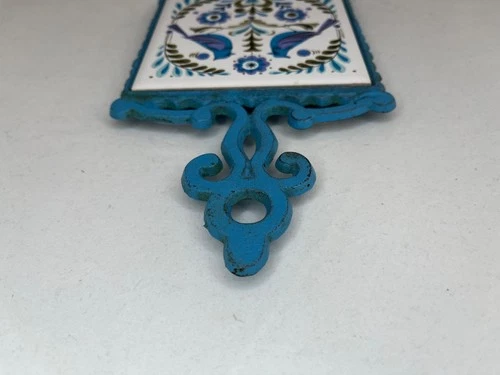 Vintage Cherry Japan Ceramic Tile Cast Iron Trivet Bluebird Folk Art MCM 1970s image 3