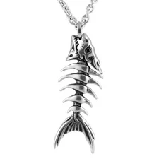 Fish Bones Necklace Skeleton Pendant Stainless Steel Jewelry 17"-19" By Controse