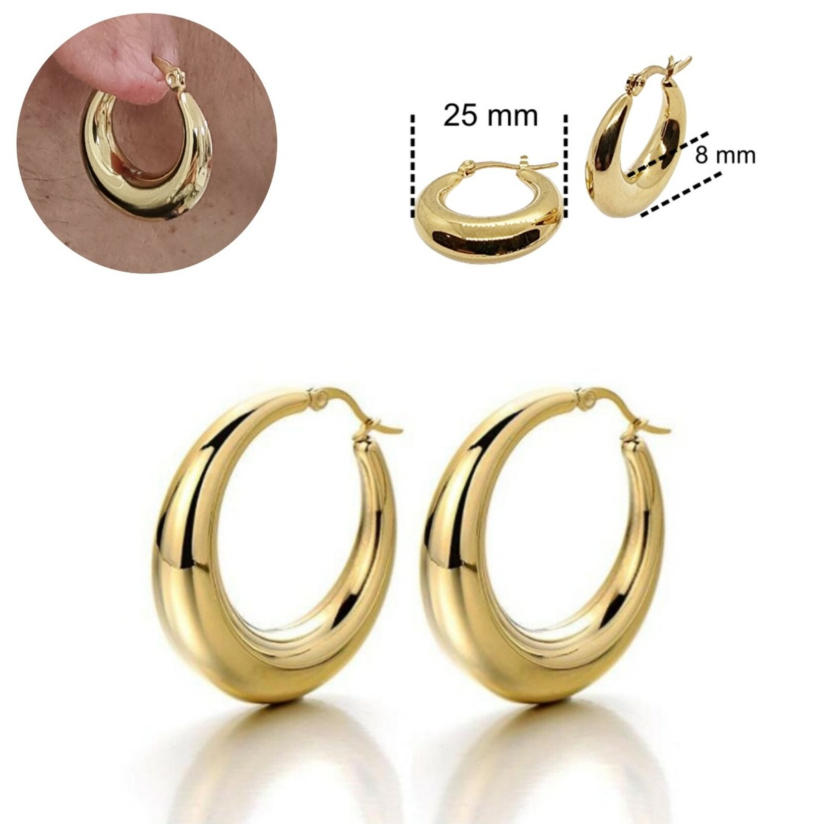 6 Orecchini Cerchio Acciaio Inox Bomtop - Ipoallergenici 8-18mm Nero - Foto 10