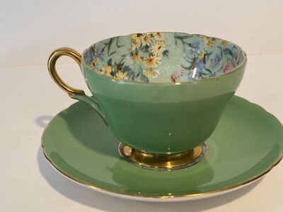 Shelley Tea Cup & Saucer  Melody Chintz Gold Trim 13594/4 Green Lovely CLEAN