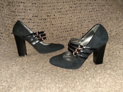 NAVYBOOT-Italy-Black Suede/Leather 3 Strap Mary Jane Pumps-Sz 36-Near Mint
