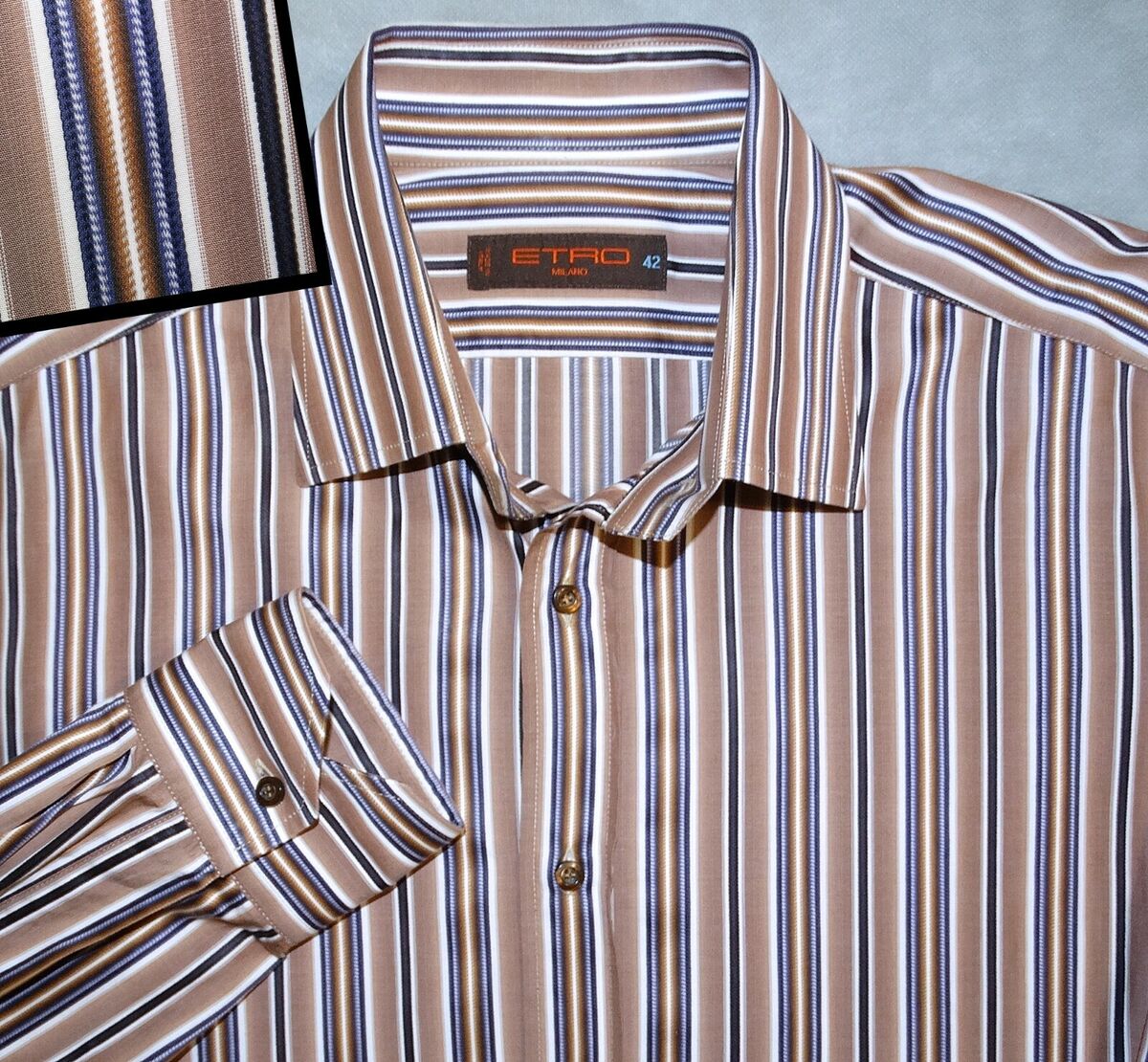 ETRO MENS SHIRT L 17 42 ITALIAN BROWN INDIGO/PURPLE STRIPED ETRO MENS SHIRT L 17 42 ITALIAN BROWN INDIGO/PURPLE STRIPED