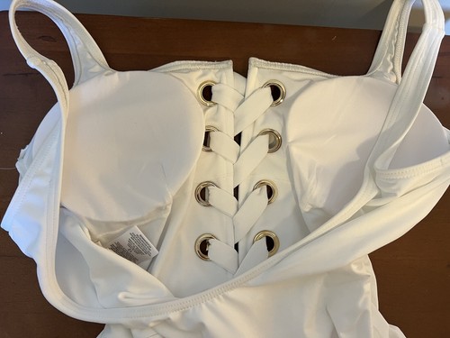 Michael Kors Womens One Piece Swimsuit Size 12 White Lace Up Gold Rivets NEW - Picture 5 of 7