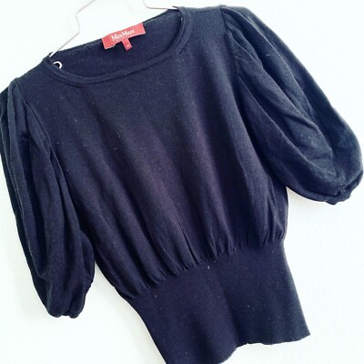 MAXMARA STUDIO 100% wool knit sweater blouse puff sleeve black top shirt Medium