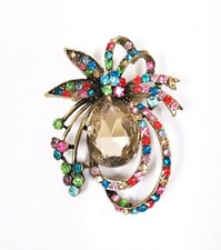 NEW FANCY BRASS TONE BOW,MULTI COLOR CRYSTALS+LARGE GRAY CRYSTAL PIN BROOCH