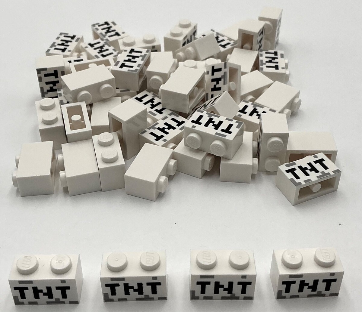 Lego 50 New White Bricks 1 x 2 with Black TNT Pixelated Dynamite