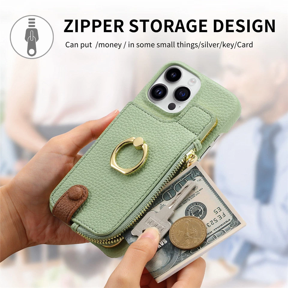 For iPhone 16 Pro Max/15/14/13/12/ Flip Back Zipper Card Wallet Case with Ring - Image 2 of 4