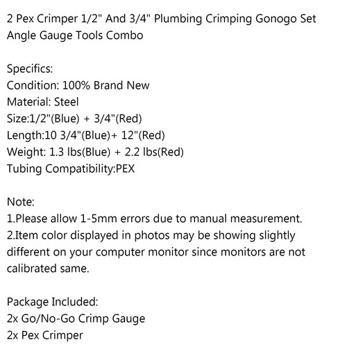 2 Pex Crimper 1/2" And 3/4" Plumbing Crimping Gonogo Set Angle Gauge Tools Set - Picture 12 of 12