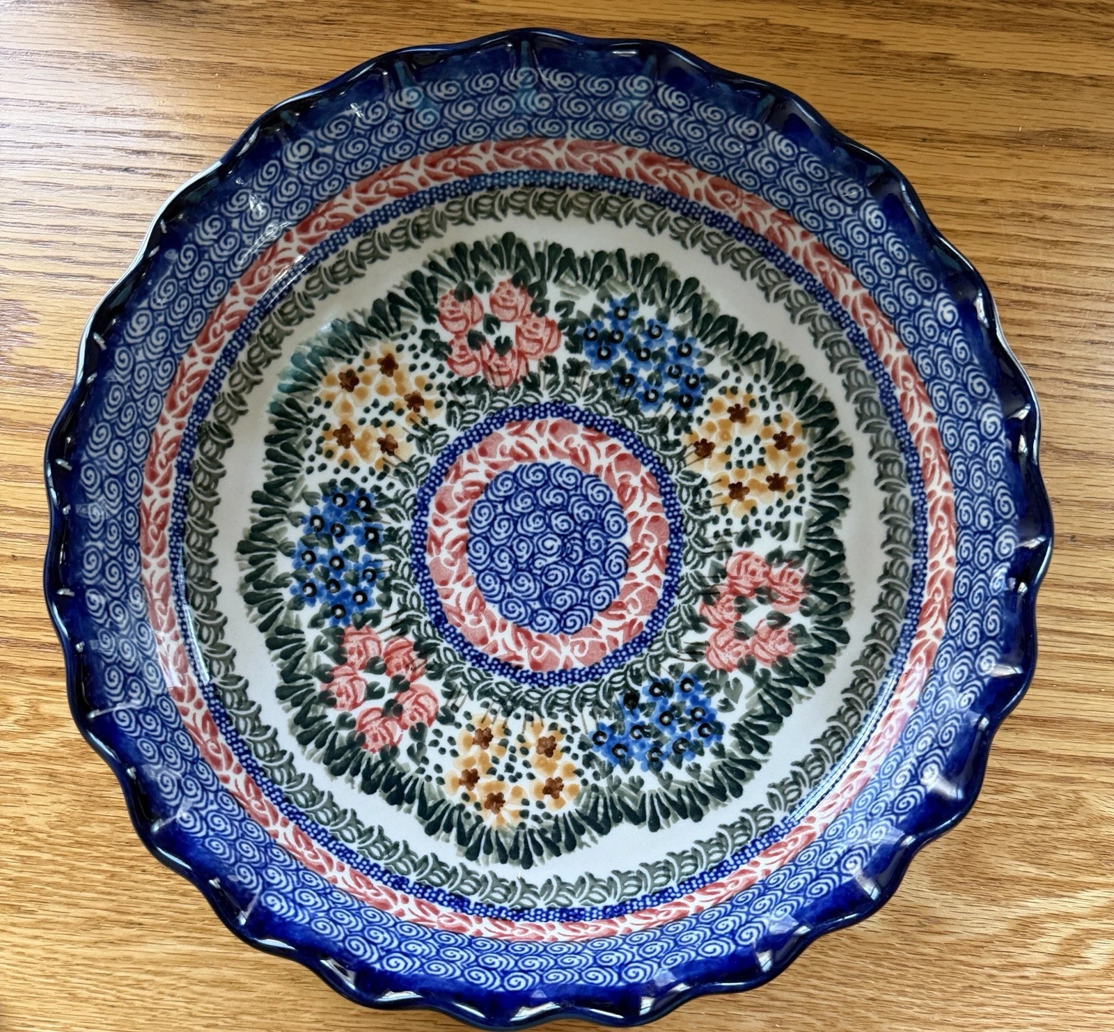 Unikat Polish Pottery Pie Scalloped Baker Baking Dish Blue Floral Bake