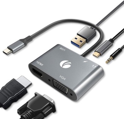 USB C zu HDMI VAG Adapter, 5-in-1 Typ C Hub mit 4K HDMI, 1080P VGA, 100W PD