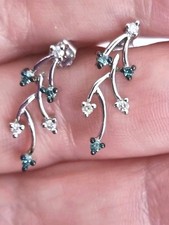 9ct White Gold Blue Diamond and White Diamond  Drop Earrings