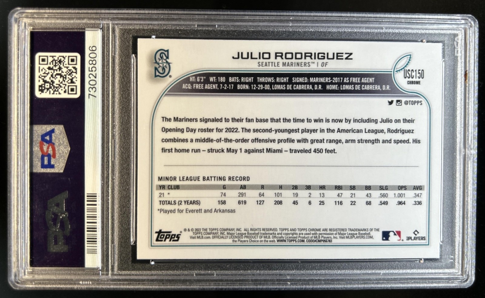 2022 Topps Chrome Update Julio Rodriguez Pink Wave Refractor RC #USC150 PSA 10 view 2