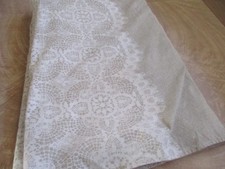tan / beige cotton blend tablecloth white lacey pattern 50 x 68