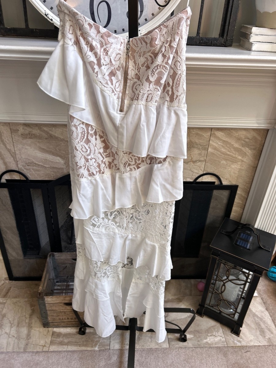 NWT - BLITHE LA strapless tiered ruffle / floral lace midi dress - White - M View 6