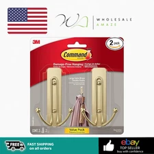 Command Large Satin Brass Double Hooks, 2 Coat Hooks and 2 Strips, Damage-Free