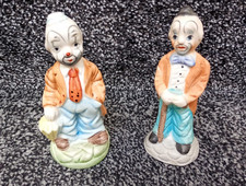 Hobo Clown Figurines x 2 Ceramic Hand Painted Cane Umbrella Emmett Kelly Jr VTG