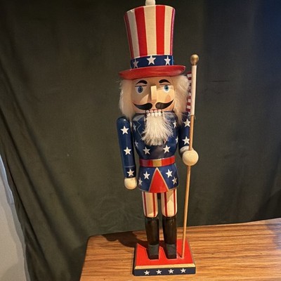 Patriotic Uncle Sam Wooden Nutcracker Figurine w/ American Flag, Stars