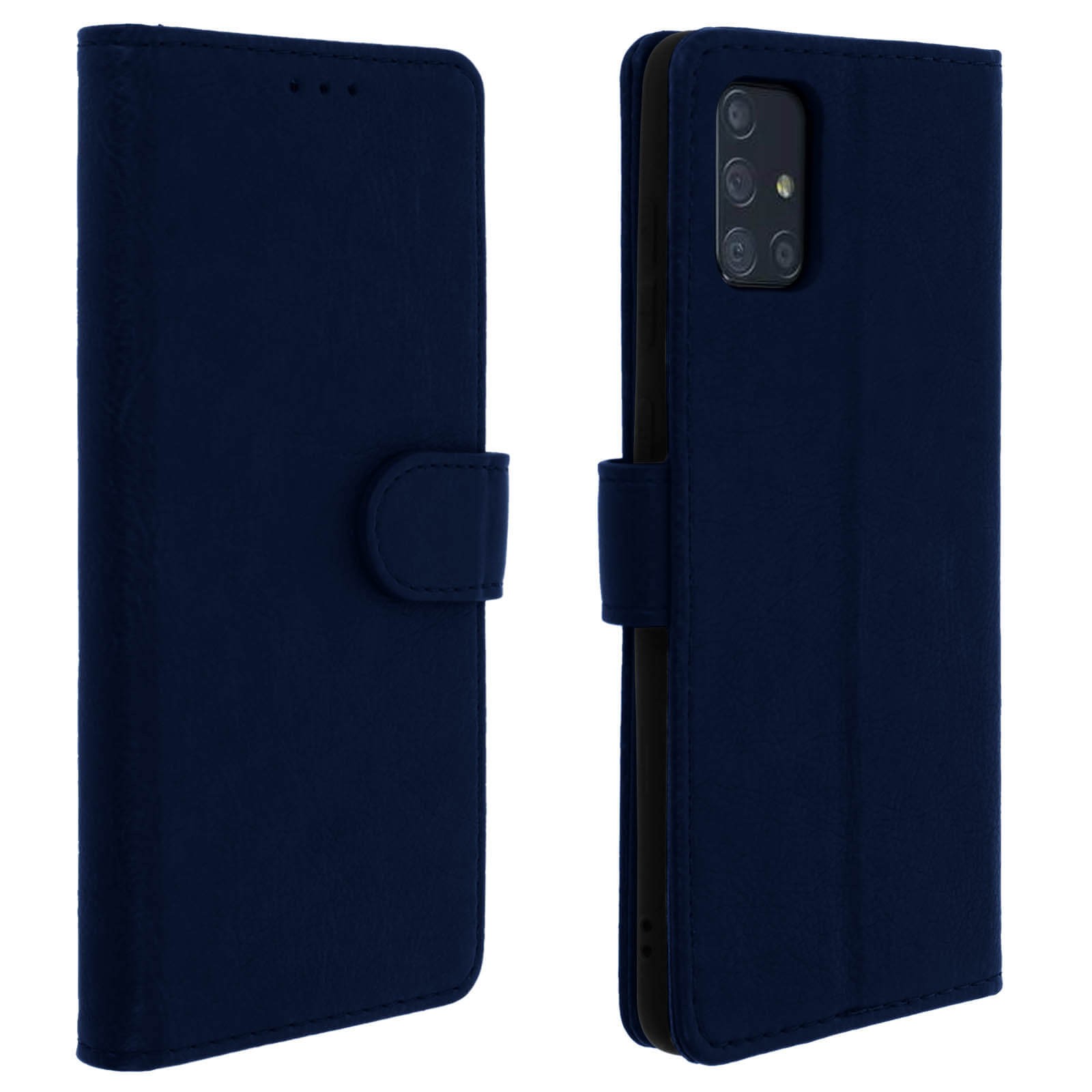 Étui clapet pour Galaxy A71, housse simili cuir bleu nuit avec support vidéo intégré