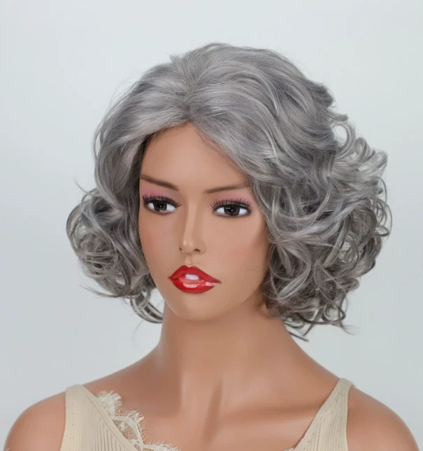 Pelucas cortas rizadas color gris sintético calor OK mujeres suaves fiesta uso diario Foto 3 de 4