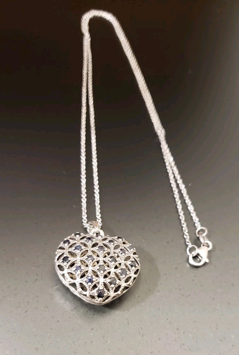 925 Solid Sterling Silver Puffed Heart Pendant Ne… - image 1