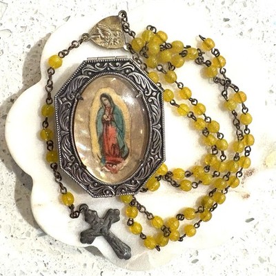 Vintage Silver Pocket Rosary box With Mother Of pearl and Mary, Antique Rosary