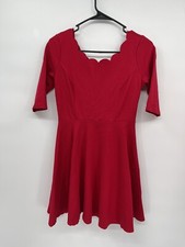 Lulus Medium Skater Dress Womens Red Scalloped Neck Elbow Sleeve Fit Flare