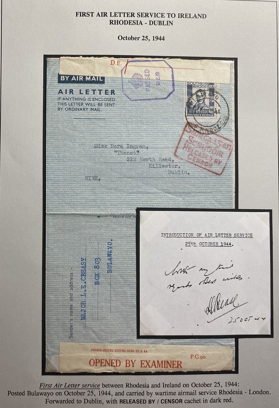 1944 Southern Rhodesia Wartime First Air Letter Censored Cover To Dublin Ireland