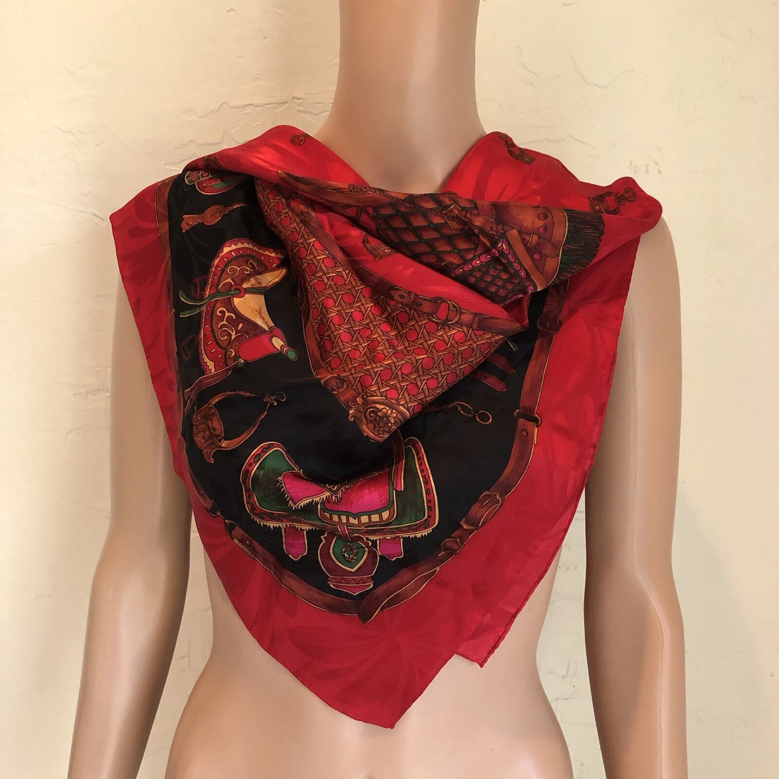 Adrianna Papell Red Multicolored 100% Silk Square Scarf Chain Link Pattern