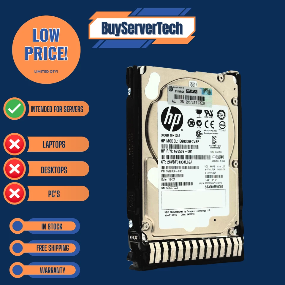 HP 652564-B21 300GB 10K SAS 2.5" HDD 6Gb/s 653955-001 SC | 0HRS | 1YR Warranty - Image 3 of 4