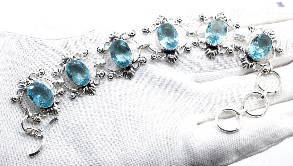 925 Sterling Silver Blue Zircon Gemstone Handmade Jewelry Bracelet Size-7-8" - Image 3 of 4