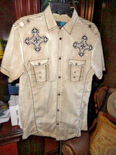 Roar Tan Embroideed Short Sleeve Button Up Sh...