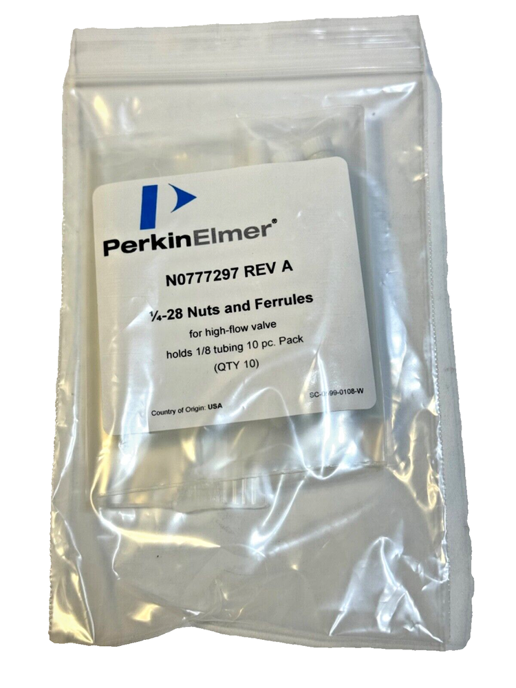 Perkin Elmer N0777297 Rev A 1/4-28 High Flow Valve Nuts & Ferrules 10-Pack