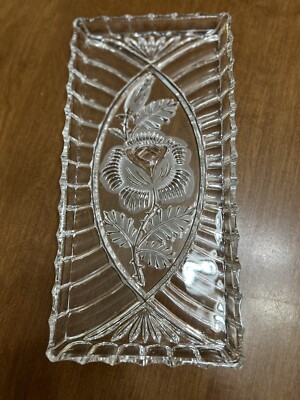 ￼Vintage Clear Glass Rectangular Tray With  Embossed Rose In The Middle - 12x6