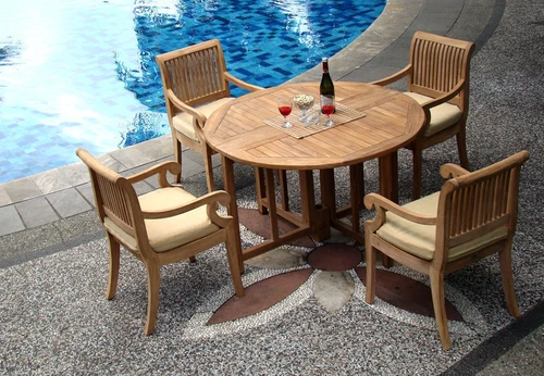 Giva Grade-A Teak 5 pc Dining 48" Round Table 4 Arm Chair Set Outdoor New