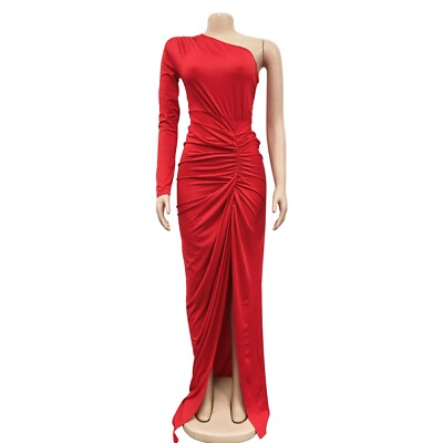 Women Long Sleeve Off Shoulder Pleated Split Christmas Prom Party