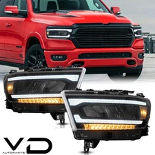 Black LED Headlights For 2019 2020 2021 Dodge Ram 1500 Front Lamps Assembly Pair