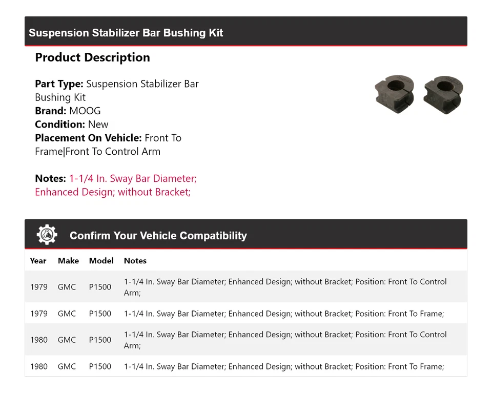 Kit de buje de barra estabilizadora de suspensión para GMC P1500 1979-1980 MOOG Foto 2 de 4