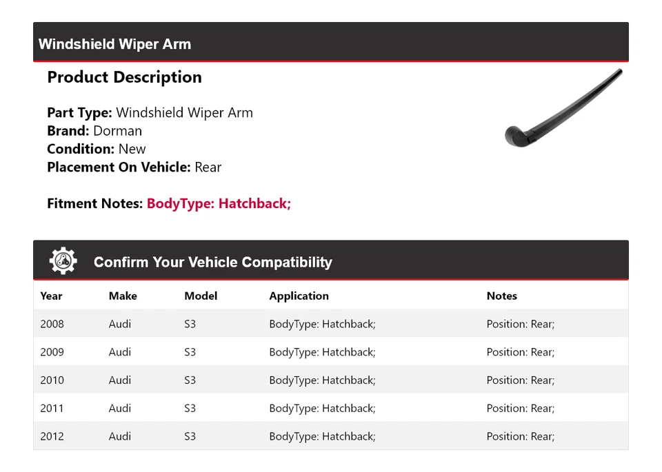 Brazo limpiaparabrisas trasero Dorman 2009 2010 2011 para Audi S3 2008-2012 hatchback Foto 2 de 4