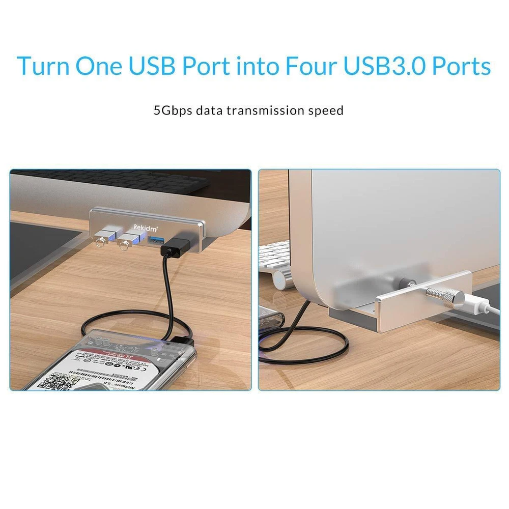 USB Hub 3.0 - 4 Port Aluminum Desk USB Hub 3.0 Clamp Design for Desktop, Comp...
