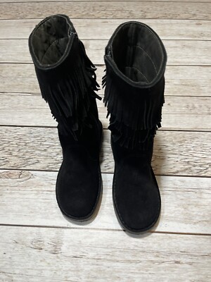 New PePe Girls Black Suede Fringe Boots shoes eu 30 us 12 leather made in Italy