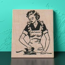 Woman Ironing Rubber Stamp, Ironing Stamp, Housework Stamp, Retro Lady Stamp