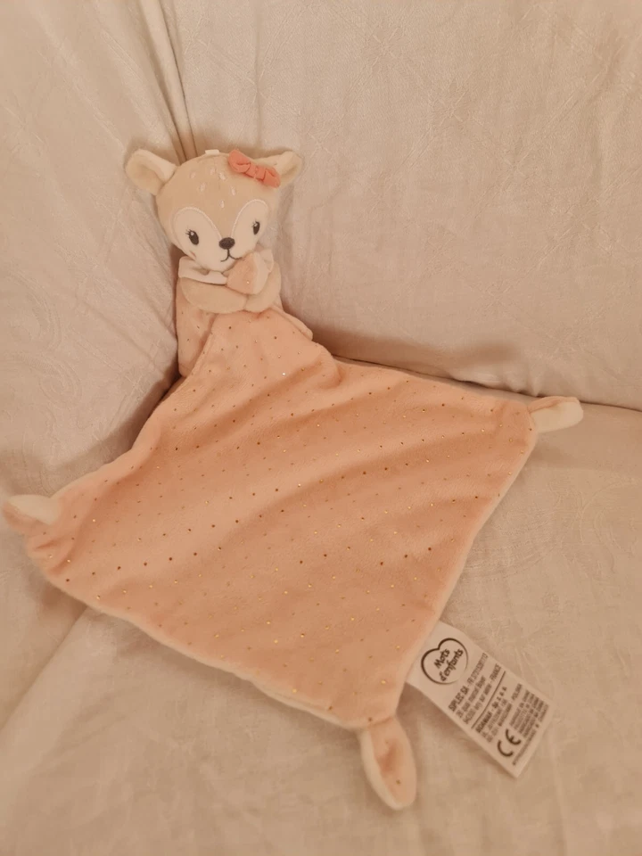 Doudou plat Mots D'enfants Biche Musical Nœud Rose Blanc Pois Dorés Robe Neuf - Photo 1/1